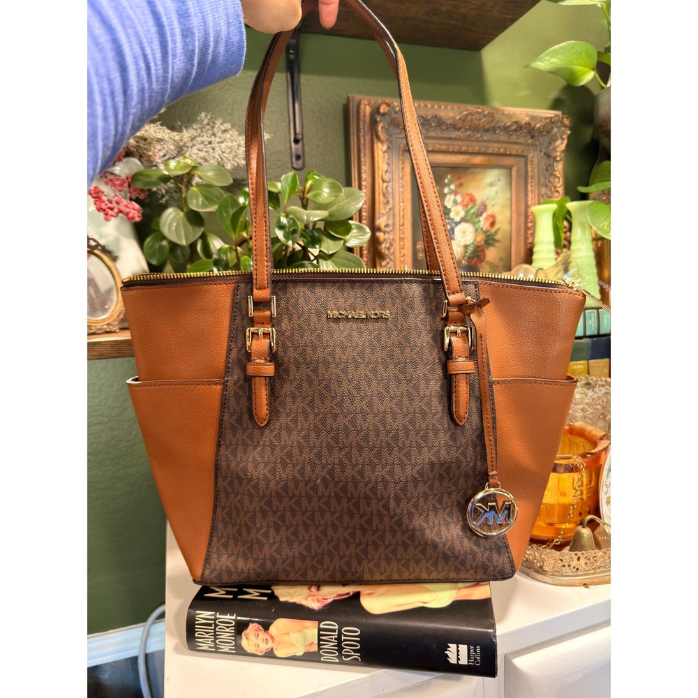 Michael Kors Charlotte Large Top Zip Tote Brown Monogram Handbag 35T0GCFT3B